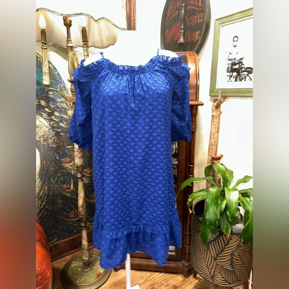 EUC KAARI BLUE MINI DRESS OFF SHOULDER LONG SLEEVE W SPAGHETTI STRAP A-line